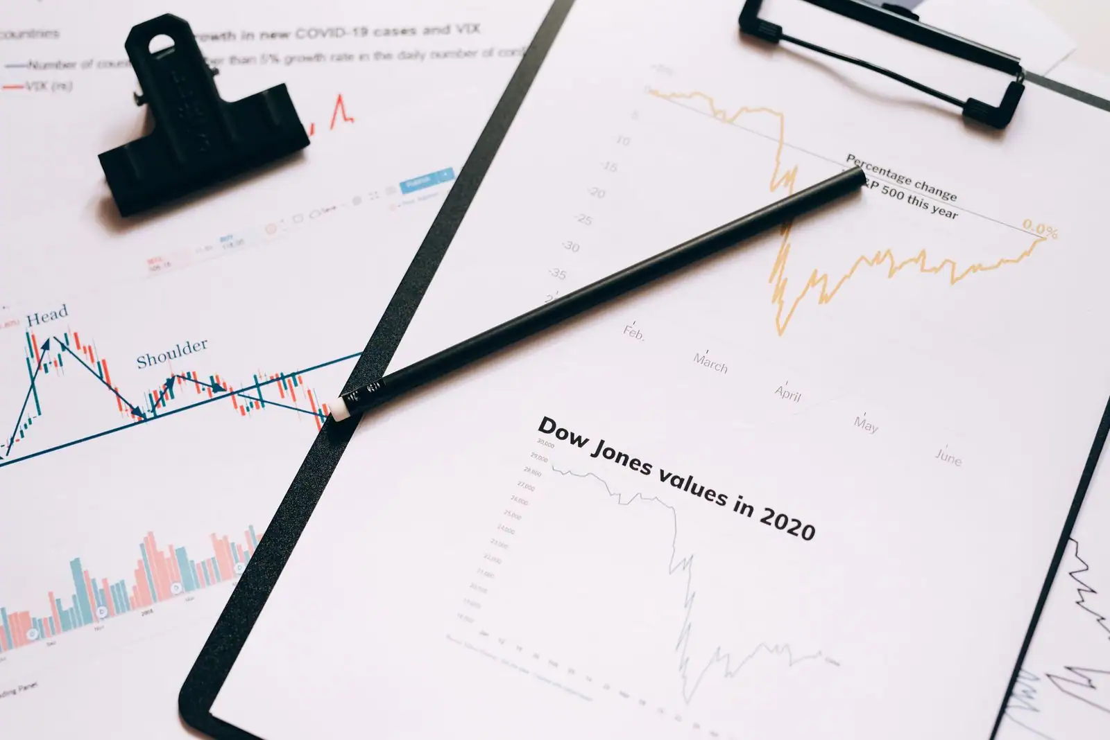 Graphiques et statistiques économiques imprimés sur des feuilles, avec un crayon
