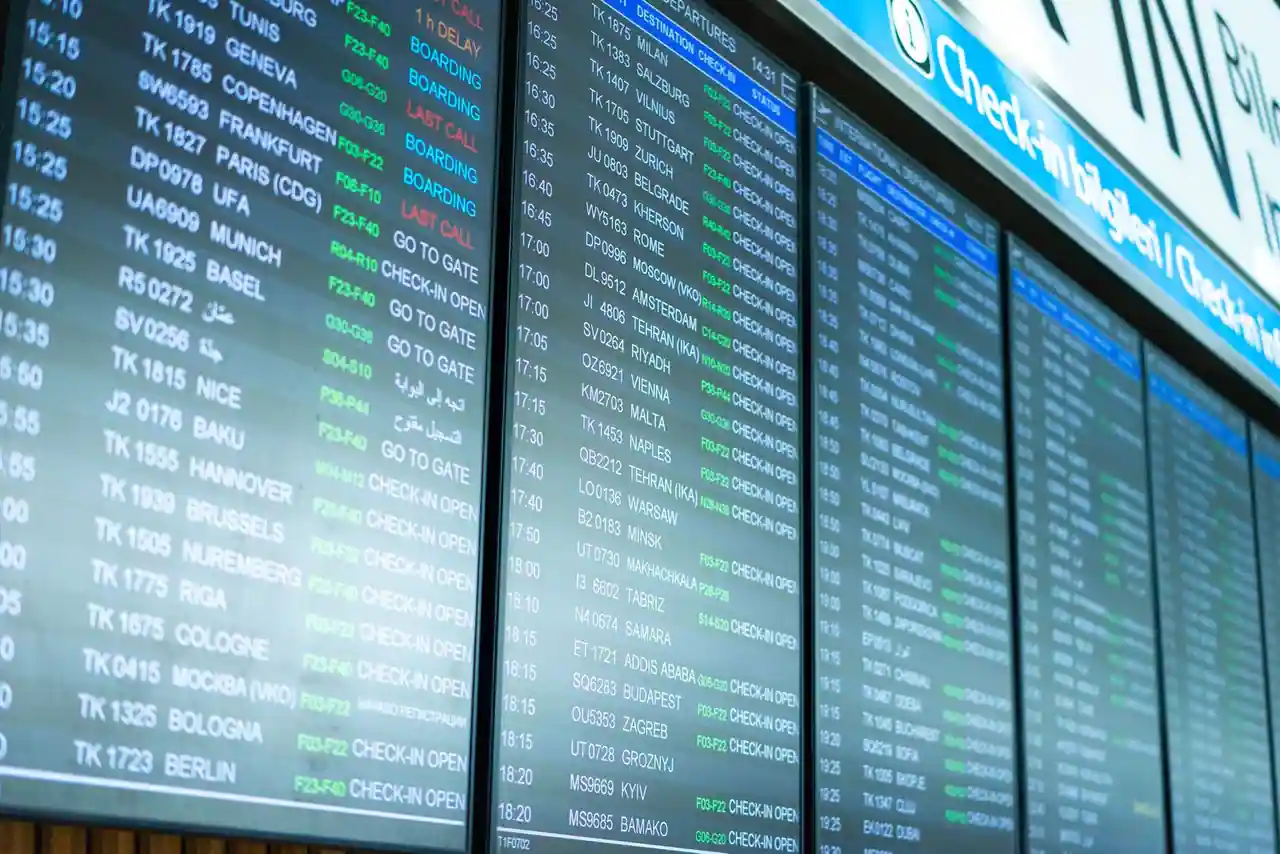 Tableau d'affichage des départs dans un aéroport indiquant les vols et leurs horaires.