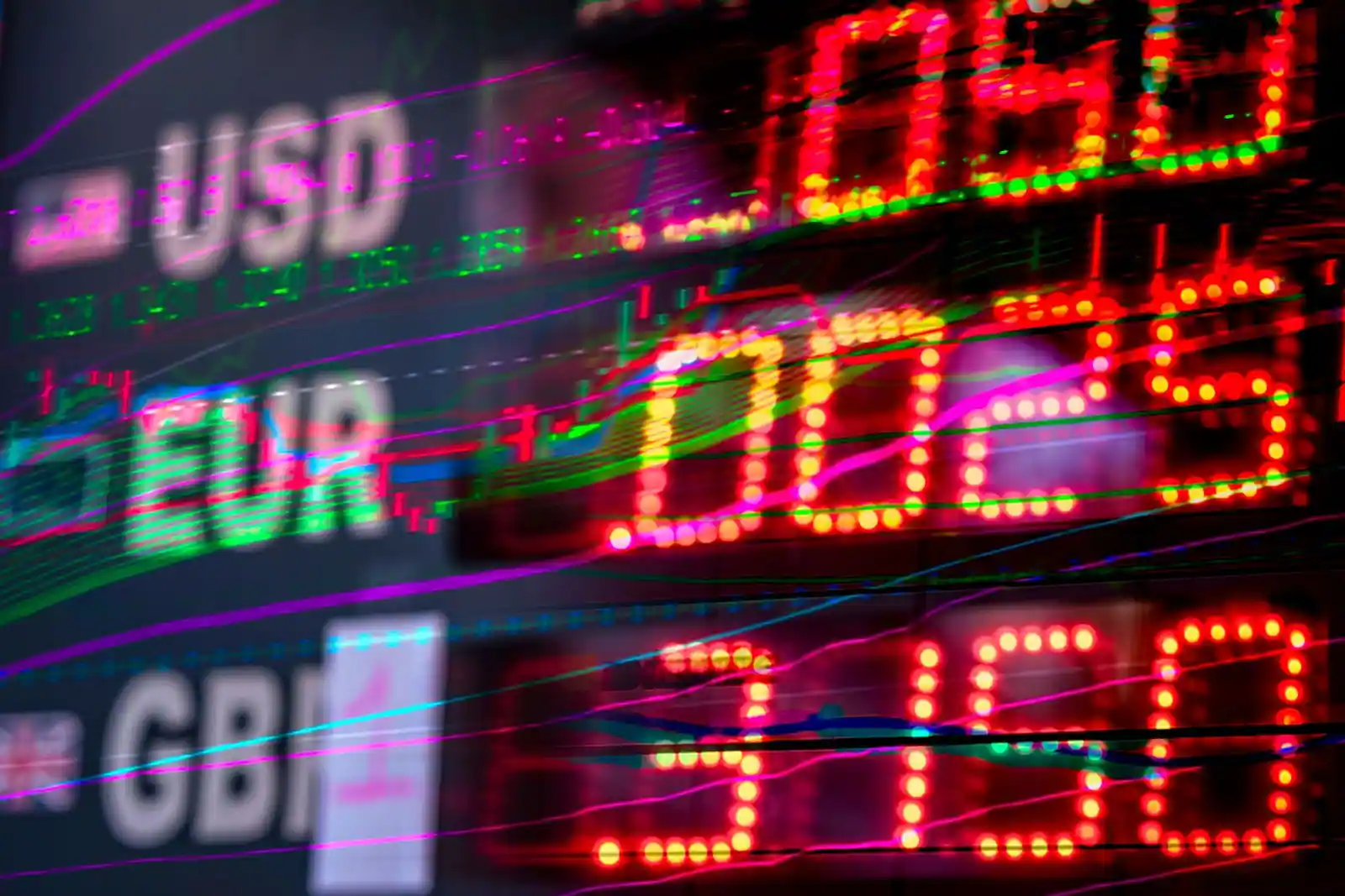 Panneau électronique de cotations financières mondiales affichant des devises et des chiffres lumineux