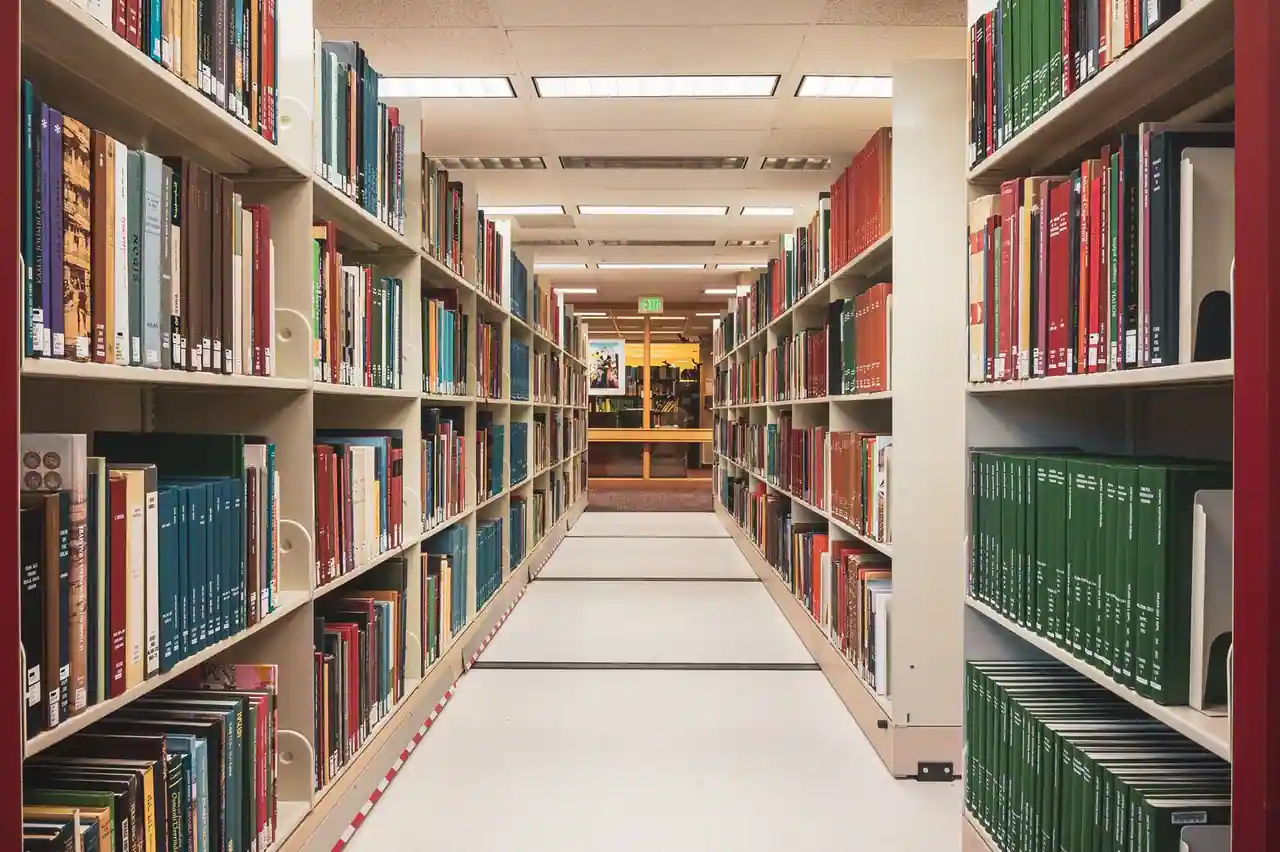 Rayonnages serrés d'une bibliothèque universitaire, ouvrages et volumes reliés vus depuis l'allée.